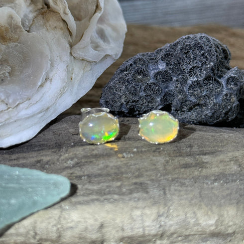 Ethiopian Welo Opal Earrings in Sterling Silver – Oval 8x10mm Gems with Colorful Fire Earrings